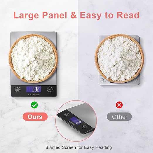 CROWNFUL Food Scale, 33lb Rechargeable 304 Stainless Steel Digital Kitchen Scale Weight Grams and Ounces with LCD Display and Type-C Charging for Meal Prep, Baking and Cooking