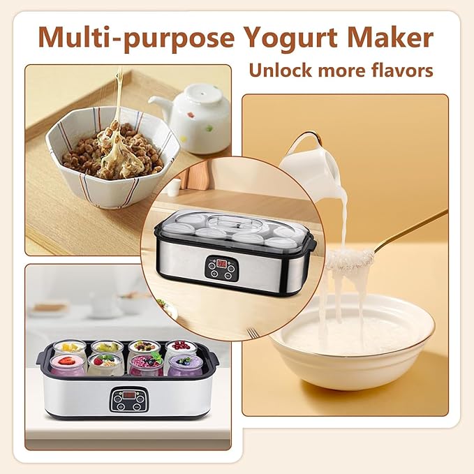 Automatic Yogurt Maker with 8 Jars 1400ml Digital Yogurt Maker Machine Adjustable Temperature 48H Time Control for Fresh Homemade Yogurt Dessert, LED Display Multi-Function Electric Yogurt Machine