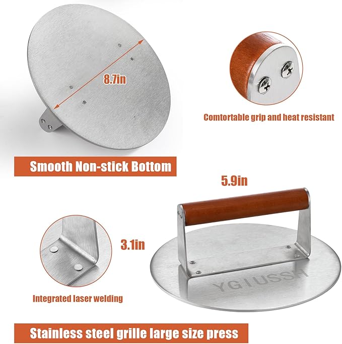 8.7 Inch Heavy-Duty Grill Press with Beech Wood Handle Stainless Steel Bacon Press Round Non-Stick Hamburger Press Weight Burger Smasher for Perfectly Seared Bacon Steak & Sandwiches