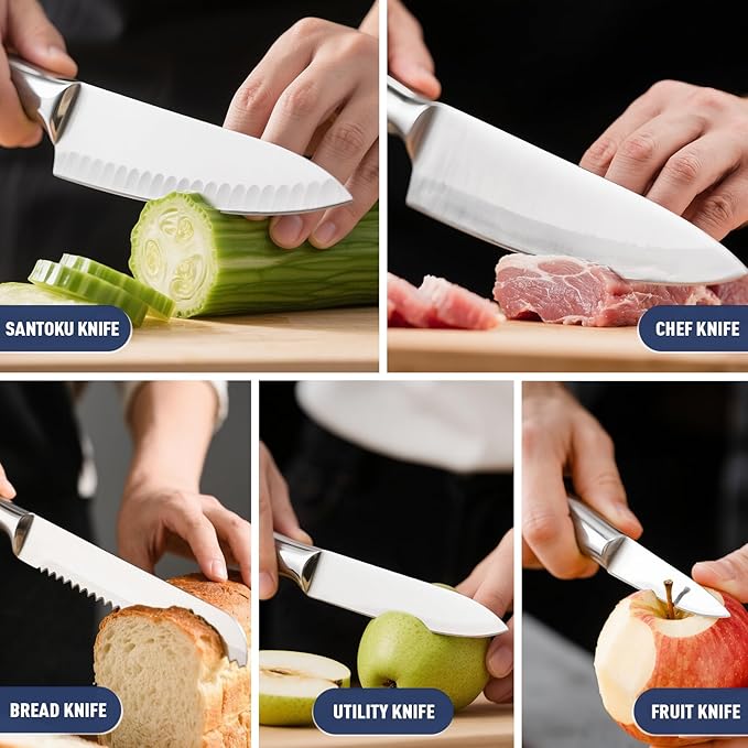 Knife Set, 6-Piece Kitchen Knife Set with Wooden Knife Block and Built-in Sharpener, Stainless Steel Sharp knives set for kitchen, Knife Block Set