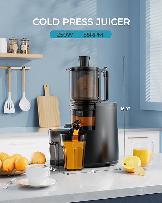 Cold Press Juicer, EUHOMY 5.5" Extra Large Feed Chute Slow Masticating Juicer, 250W Juicer Machines, 99.6% High Juice Yield, Easy to clean, Reverse Function, for Whole Vegetables & Fruits.