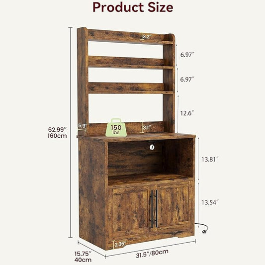 GAOMON Farmhouse Bakers Rack with Storage Cabinet and Charging Station, Kitchen Hutch with Thickened Tabletop, Power Outlets & USB Ports, Pantry Organizer Shelf for Kitchen and Dining Room, Brown