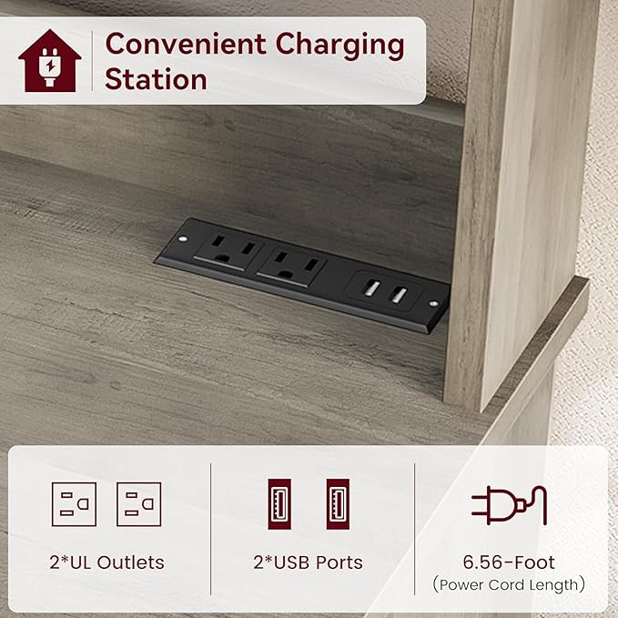 GAOMON Farmhouse Bakers Rack with Storage Cabinet and Power Outlets, Kitchen Pantry Organizer Hutch with Thickened Countertop, Microwave Stand with USB Ports, Multi-Shelf Storage, Gray
