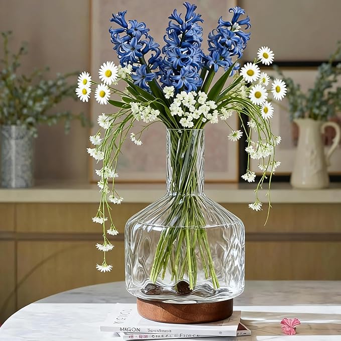 Glass Vase for Flowers, Rippled Flower Vases with Wooden Base,10inch Clear Jug Vase for Long Stem Flower or Fake Bouquet,Decorative Bottle Vase for Centerpieces Dining Table Living Room Mantel Party