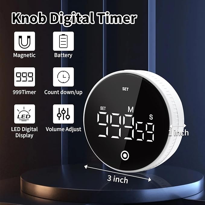 Digital Kitchen Timer with Magnet,Large LED Display Visual Timer with Countdown Countup for Adult & Children，Battery Supply for Classroom Home Gym Office (2 * White)