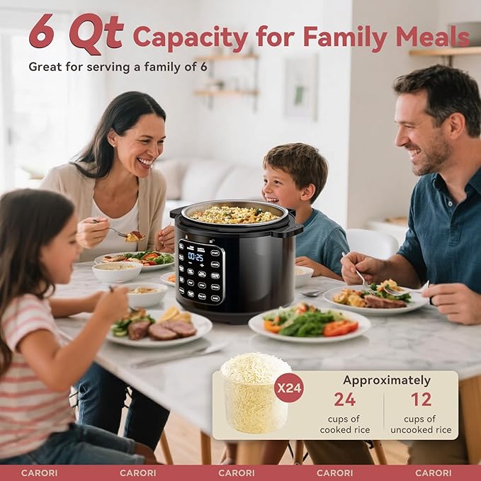 CARORI 9-in-1 Electric Pressure Cooker 6 Qt, Stainless Steel Inner Pot, Programmable 12 Multi-Function Cooker with Safe Vent Design, Rice Cook, Slow Cook, Sauté, Warmer & Sterilizer, Black