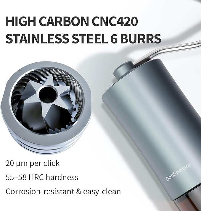 Optistream 6-Burr Manual Coffee Grinder – Easy-Use CNC420 High-Carbon Steel, Gray Aluminum Body & Glass Jar, 25 g Capacity, Slim design for travel