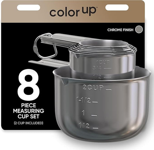 Color Up Measuring Cup Set, 8 Piece, Copper and Chrome Finish, Stainless Steel, Accurate for Wet & Dry Ingredients, Embossed Markings, Easy Pour Spouts, Dishwasher Safe, Kitchen Essential (Stainless)