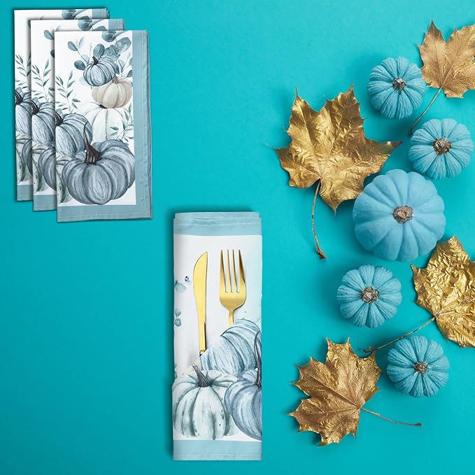 12 Pcs Fall Cloth Napkin 20 x 20 Inch Blue Pumpkin Cloth Napkins Thanksgiving Autumn Harvest Pumpkin Buffalo Plaid Party Dinner Washable Decoration