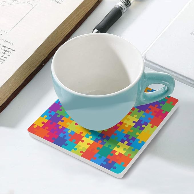 Square-6PCS Gamer Ceramic Coasters, Square Absorbent Drink Coasters, Kids Colorful Builing Puzzle Toys Ceramic Table Coasters for Coffee, Beverage, Wine, Beer Coasters