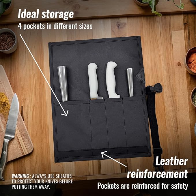 Under NY Sky Knife Roll Case - 4 Slots - Heavy Duty Oxford Canvas Pouch - Leather Reinforced - Portable Bag for Cooking Tools, Utensils, Cutlery Knives, Brushes - Chefs, Kitchen, Travel, Gift - Gray