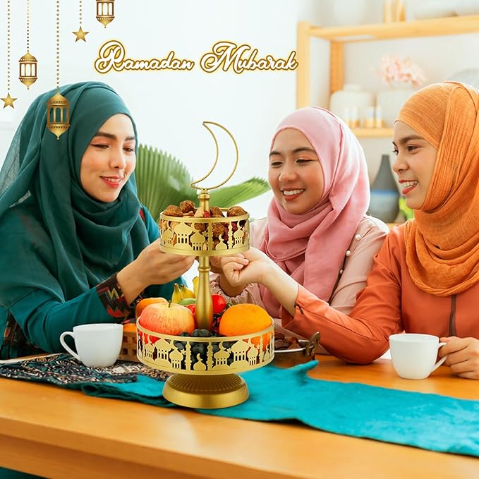 2 Tiered Ramadan Serving Trays Decorations for Home - Eid Mubarak Metal Platters Table Decor Gifts, Islam Muslim Al-Fitr Iftar Party Food Display Dishes (Palace Pattern)