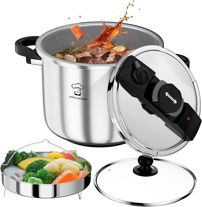 KitchLocker Pressure Cooker Stainless Steel 6.3 Quart,Olla De Presion For 2-3 People[Glass Lid & Steamer Rack Included][Press To Open][Compatible With Induction And Gas Stovetops]