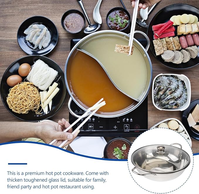 12inch Double Cooker Pot, Hot Pot Shabu, Dual Site with Divider & Lid, Insulated Handle, 12'', for Home Party Family Gathering