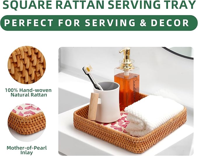 1 pcs Rectangle Rattan Serving Tray with Mother of Pearl Inlay, Decorative Wicker Tray for Coffee, Bread, Fruits, Elegant Table Decor for Living Room & Dining Room