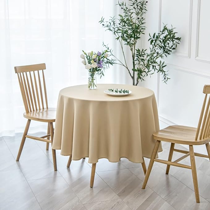 maxmill Round Textured Tablecloth Spill-Proof Wrinkle Free Soft Jacquard Table Cloth for Circular Table Cover, for Dining Room Buffet Banquet Parties Holiday Dinner, 70 Inch Beige