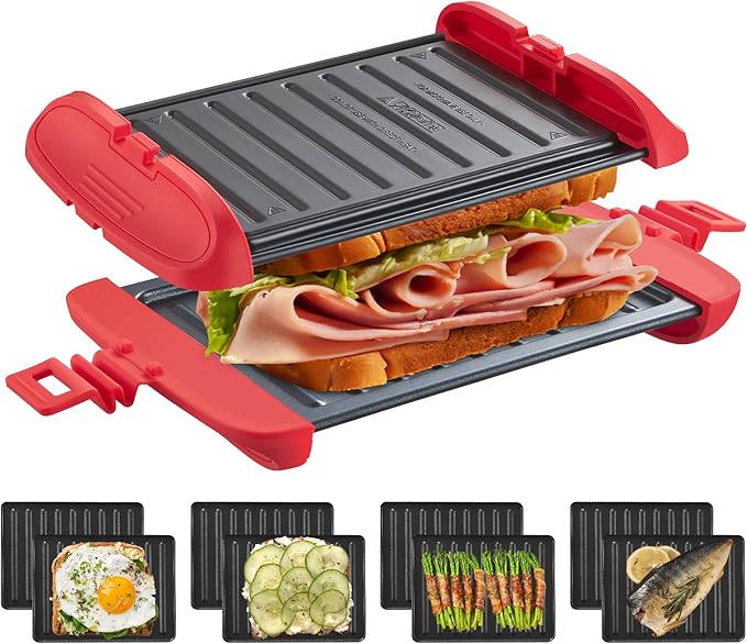 Microwave Sandwich Maker, Microwave Toastie Maker, Snack Maker & Panini Press, Microwavable Metal, Removable Non-Stick Plates Silicone Microwavable Cookware, Dishwasher Safe, Red