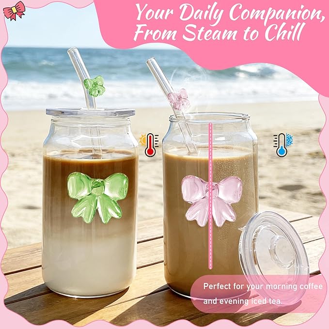 2Pcs Cute Glass Cup Set | Pink Bow Matcha Cups| Aesthetic Iced Coffee Cup with Lid Straw Brush| 16OZ Preppy Girly Drinking Mug for Best Friend First Mom Coworkers Bestie Boss Girlfriend Daughter Gifts