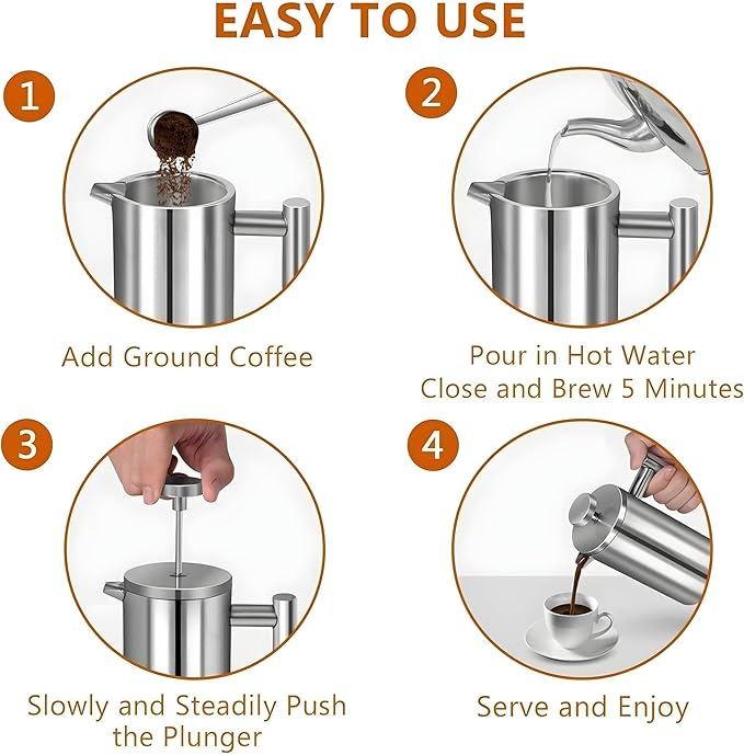 WORBIC French Press Coffee Maker 34oz, Stainless Steel Double Wall Insulated, 3 Extra Filters & Coffee Spoon for Hot/Cold Brew, Durable Coffee Press for Home, Camping, Office - Silver
