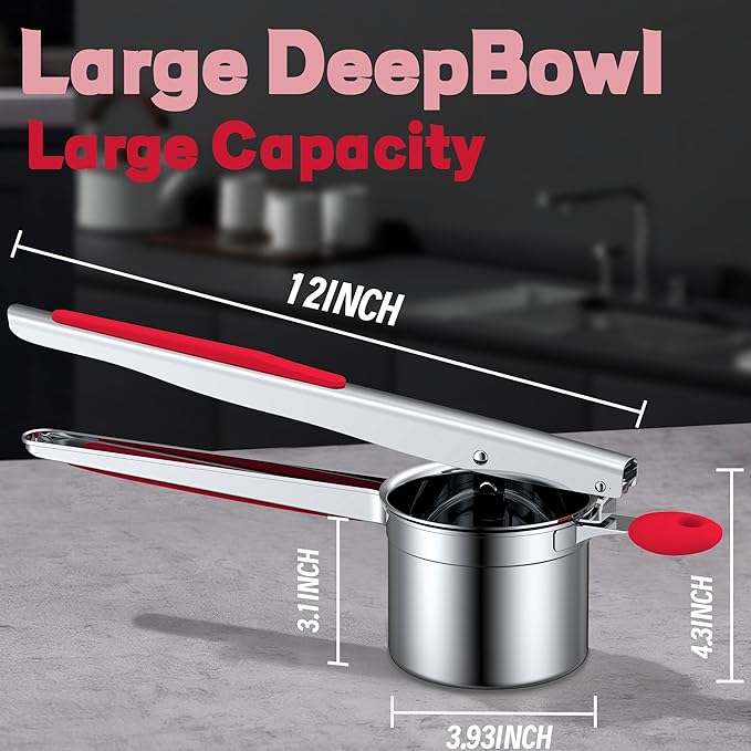 Large 15oz Potato Ricer for Mashed Potatoes, Heavy Duty 18/8 Stainless Steel Potato Masher for Baby Food & Spaetzle Maker, Masher and Ricer Kitchen Tool, Press and Mash Kitchen Gadget, Red