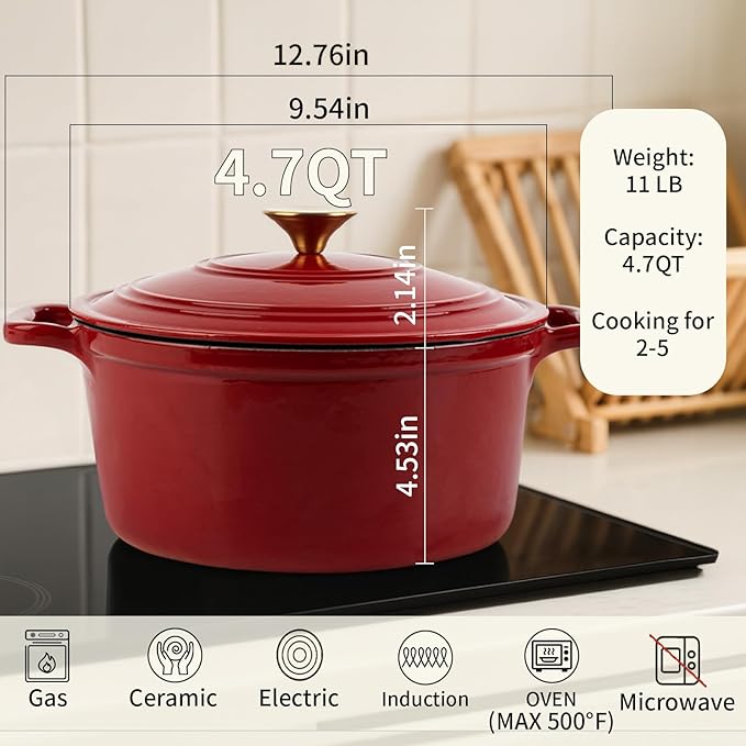 Tastedeli Enamel Cast Iron Dutch Oven with Lid, Round Casserole Pot for Bread Baking, Braising, Roasting, and Stews, Heavy-Duty, Oven Safe, Induction Compatible (4.7QT,Red)