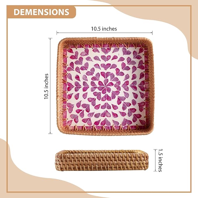1 pcs Rectangle Rattan Serving Tray with Mother of Pearl Inlay, Decorative Wicker Tray for Coffee, Bread, Fruits, Elegant Table Decor for Living Room & Dining Room