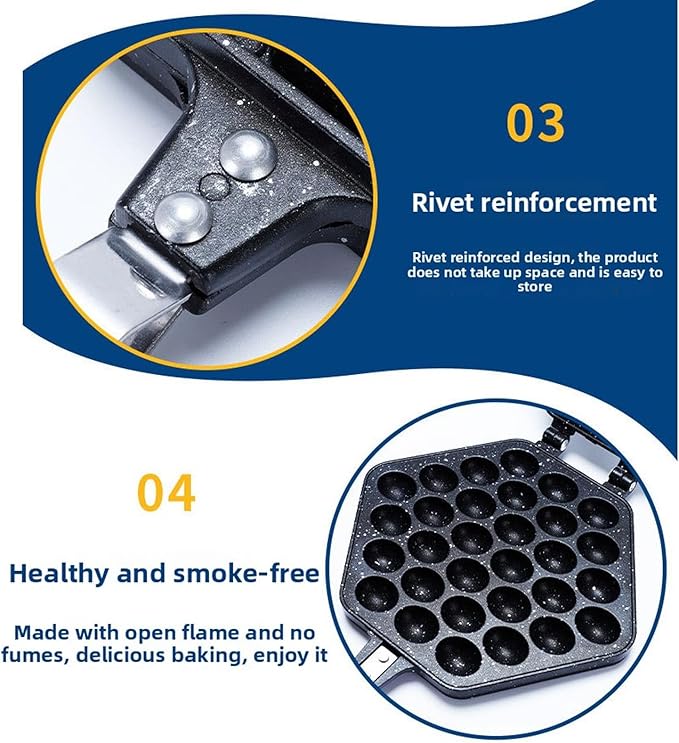 Bubble Waffle Pan, Premium Cast Aluminum Anti Stick Stovetop Waffle Maker with Fixed Bracket and Stainless Steel Handles, for Home Commercial Use