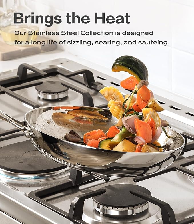 USELUCK Stainless Steel 8 Inch Frying Pan, Tri-ply Clad Base Non-toxic Skillets with Stainless Steel Lid, Fast and Even Heating Stay Cool Handles Induction Dishwasher & Oven Safe PFOA Free Cookware