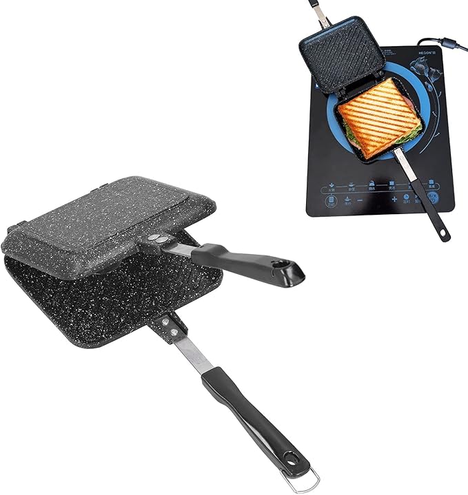 Cyrank Double Sided Frying Pan, Aluminum Hot Sandwich Panini Maker Grilled Cheese Maker Nonstick Sandwich Toaster Press Stovetop Flip Grill Pan for Home Kitchen