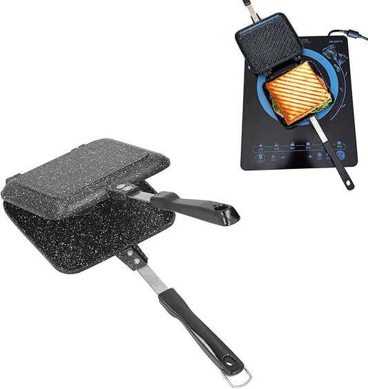 Cyrank Double Sided Frying Pan, Aluminum Hot Sandwich Panini Maker Grilled Cheese Maker Nonstick Sandwich Toaster Press Stovetop Flip Grill Pan for Home Kitchen