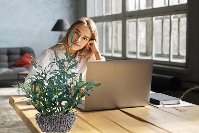 AlphaAcc Olive Fake Plants 21'' Tall Artificial Olive Branches with Lifelike Leaves in Oval Rattan Woven Planter Faux Plants Rustic Tabletop Greenery for Living Room Kitchen Bedroom Office Decor