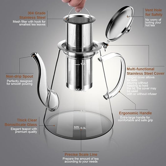 Glass Teapot, 1200ml (40oz) Tea Pot with Infuser for Loose Tea and Blooming Tea, Stovetop Safe Tea Kettle, Hand Crafted Borosilicate Glass Tea Maker with Scale Line, Tea Gift Set for Tea Lovers