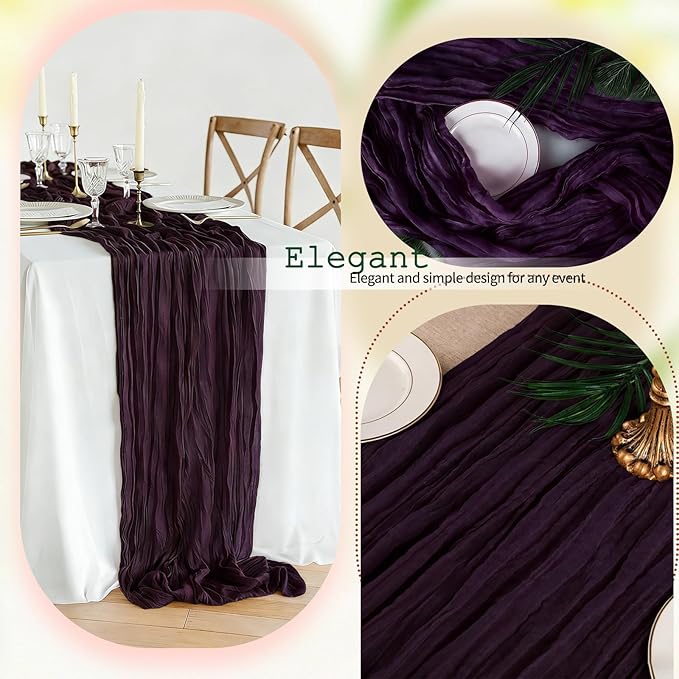 12 Pcs Dark Purple Cheesecloth Table Runner 10Ft, Gauze Table Runners 21.5 x 120 inch,Semi Sheer Cheese Cloth Fabric Runner Bulk for Wedding,Party,Baby Shower,Bridal Shower