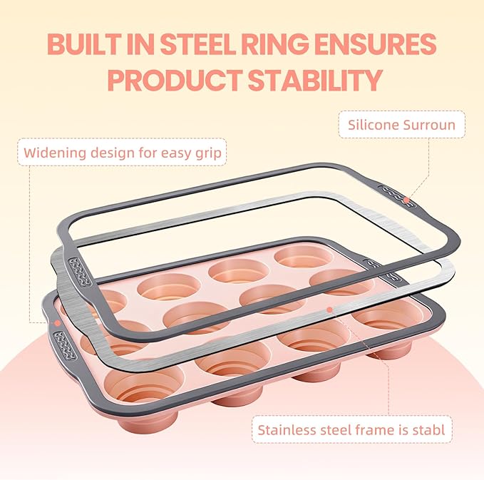 BHNJUTM 2 Pack Silicone Muffin Pan for Baking - Premium Nonstick Muffin Tin with Metal Reinforced Frame, Easy to Clean Silicone Cupcake Molds, Dishwasher & Oven Safe BPA Free(pink)