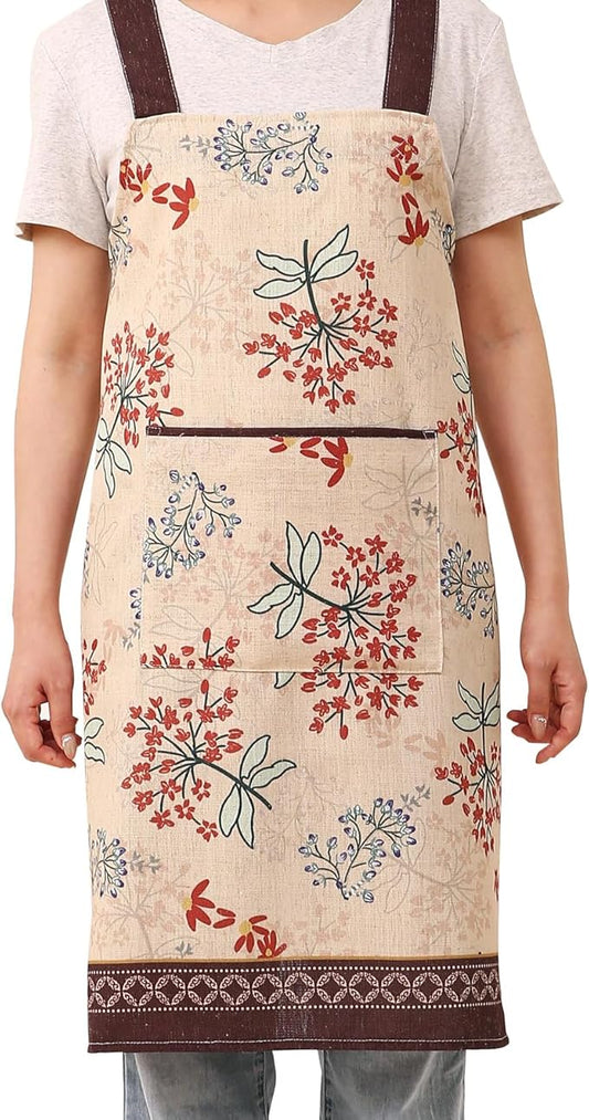 patdrea Blue Floral Linen Apron with Pocket,French Kitchen Garden Chef BBQ Aprons for Women and Men,Crisscross Back Straps