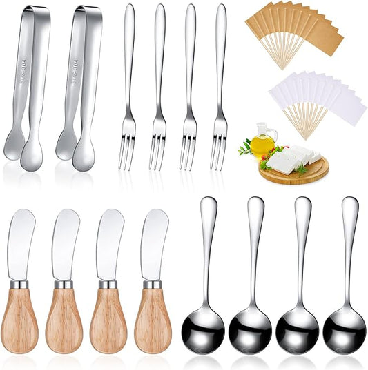 Cheese Butter Spreader Knives Set Charcuterie Accessories Stainless Steel Spreader Knives with Wooden Handles Charcuterie Boards Utensils Mini Serving Tongs Spoons and Forks (Yellow,14 Pieces)
