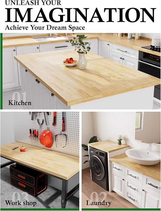 5FT Butcher Block Countertop Birch Solid Wood - 60" x 25" Table Top Butcher Block Cutting Board for Kitchen Island Living Dining Table Office Desk Workbench laundry Countertop Unfinished 1.5" Th