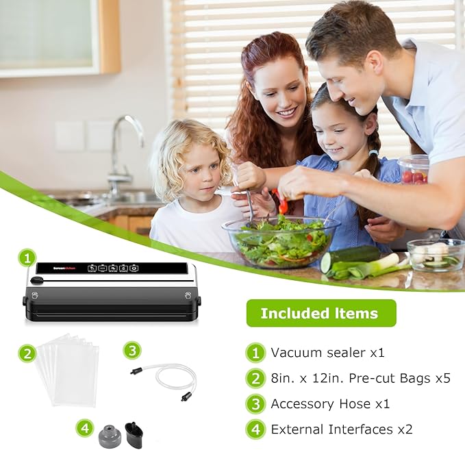 Bonsenkitchen Vacuum Sealer Machine, Built-in Cutter | Multifunctional Food Sealer for Sous Vide & Meal Prep, 5 Pre-Cut Bags, Silver-Black