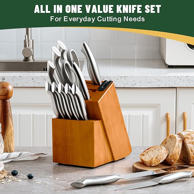 Knife Set, EWFEN 14-Piece Kitchen Knife Set with Block, German Stainless Steel Knives with Built-in Knife Sharpener, Anti-Slip Curved Handle Sharp Knives Set for Kitchen, Dishwasher Safe
