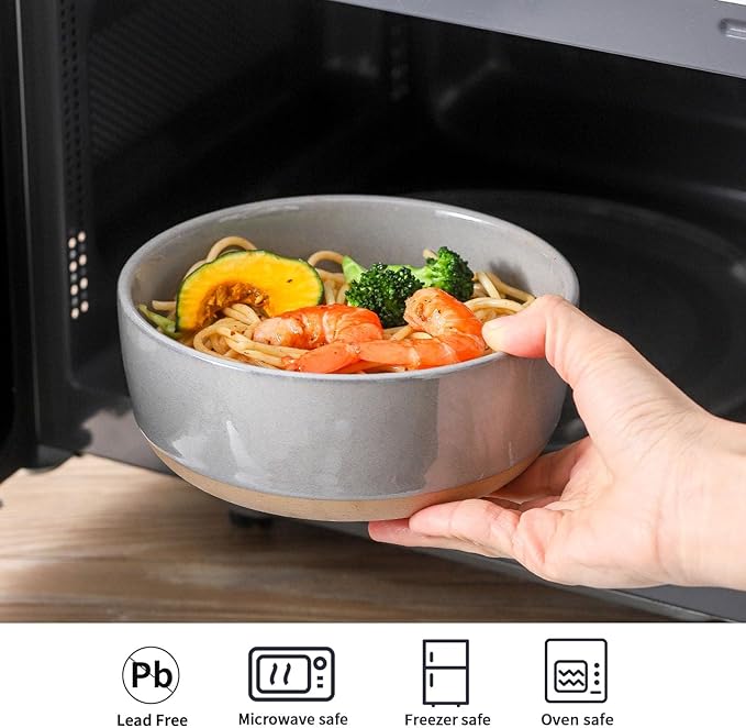 Tikooere Ceramic Soup Bowls Set of 6,30 Ounce Stoneware Cereal Bowl,Porcelain Nesting Bowls for Oatmeal,Popcorn,Soup,Pasta,Fruit,Housewarming Gift,Microwave & Dishwasher Safe,Gray
