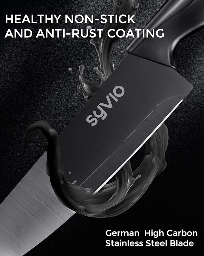 syvio Block Knife Set, 15 Pcs Kitchen Knife Set with Block and Sharpener, with Heavy Poultry Shears and 6pcs Serrated Steak Knives Razor-Sharp, Stainless Steel, Lightweight, Anti-Slip Handle