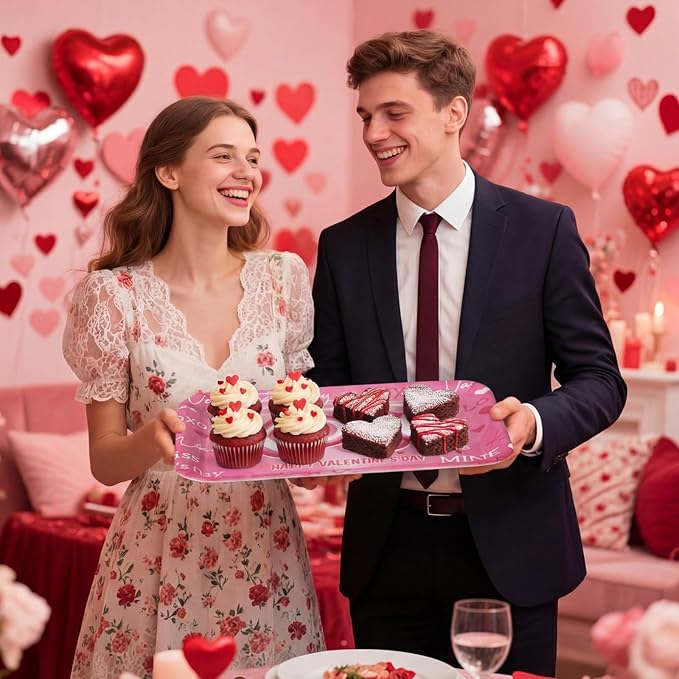 Vesici 4 Pack Valentine's Day Melamine Serving Trays, 13x10 Large Rectangular Platters for Party Food, Shatterproof Heart Cookie Plates for Appetizers, Romantic Dinner & Galentine's Kitchen Decor