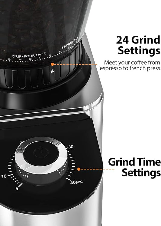 Aromaster Coffee Bean Grinder with 48 Gind Settings, Conical Burr Coffee Grinder for Home Use,Stainless Steel,40 Seconds Adjustable Timer,Anti-static,Easy to Clean with Brush,Grey