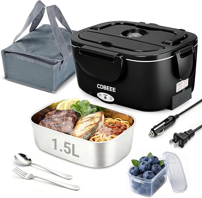 Electric Lunch Box Food Heater - 80W Fast Heating, 1.5L Heated Lunch Box Leak-Proof 304 Stainless Steel Portable Food Warmer, (12V/24V Car/Truck & 110V Home), Ideal for Work/Travel（Black）