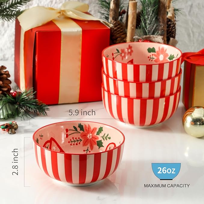 Tikooere Ceramic Soup Bowls Set of 6,30 Ounce Stoneware Cereal Bowl,Porcelain Nesting Bowls for Oatmeal,Popcorn,Soup,Pasta,Fruit,Christmas Gift,Microwave & Dishwasher Safe,Christmas Bow