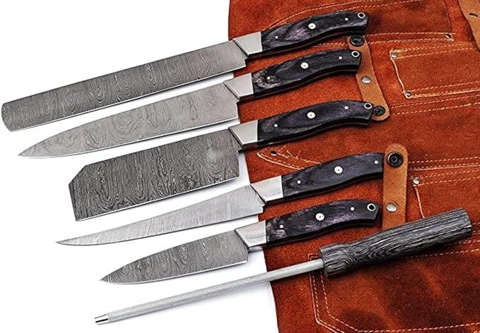Custom Made Damascus Steel #6 Pcs of Professional Utility Kitchen knives Set Comes with Sweet Leather Roll Kit (3712) (Black Pakkawood)