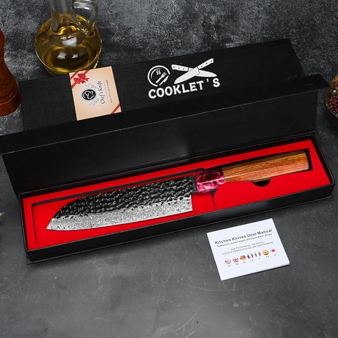 COOKLET'S Damascus Santoku Knife, Japanese VG10 Steel Core Kitchen Knife, Ultra Sharp Professional Chopping Cooking Knife, G10 Ergonomic Handle with Luxury Gift Box