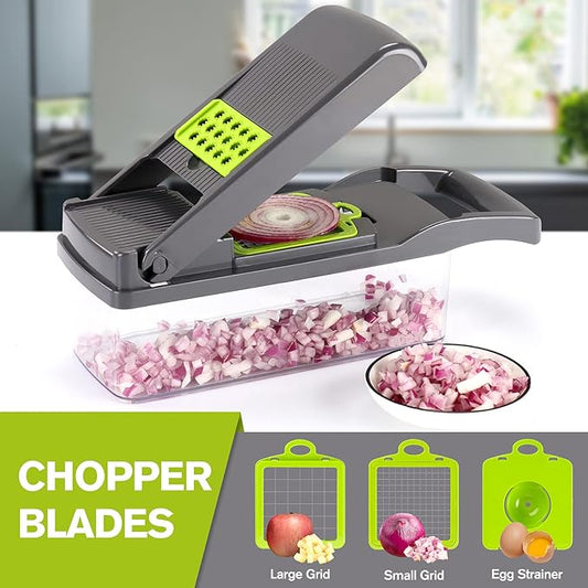 KEOUKE Vegetable Chopper Mandoline Slicer Grey - 12 in 1 Interchangeable Blades Food Chopper with Container, Hand Guard & Drainer, Veggie Dicer Kitchen Gadget for Onion, Cucumber, Tomato, Fruit