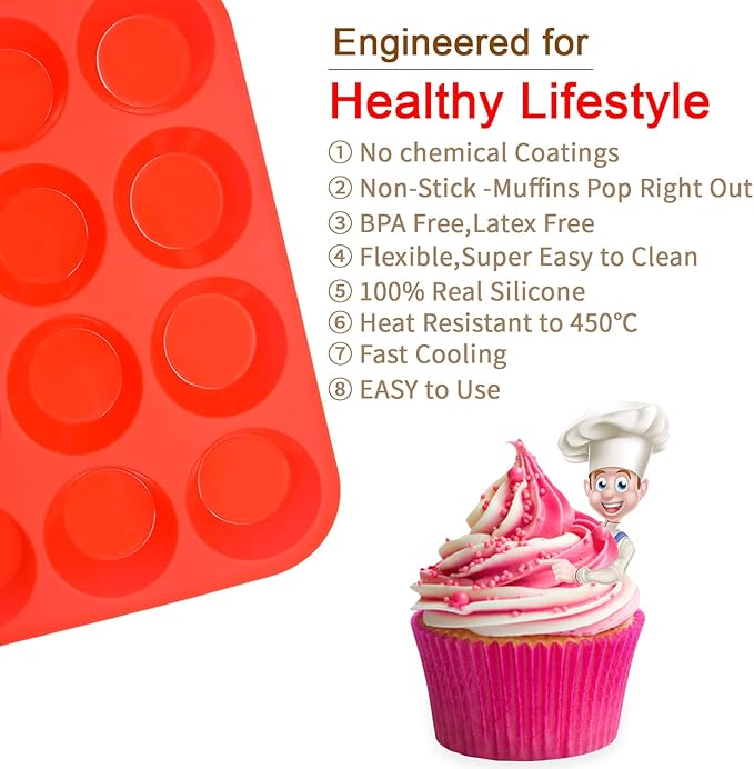 Bongpuda Silicone Muffin Pan Set,2 Pcs 2.8" 12 Cups Egg Bite Mold,Non-Stick,Easy Release,For Egg Muffins, Cupcakes, Large Muffins,Pizza Muffins,Cheesecakes(Black + Red)