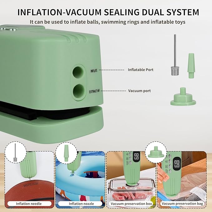 Vacuum Sealer Machine For Food, Mini Cordless Vacuum Sealer, 3-in-1 Portable Vacuum Sealer with 4 Snack Bags, 1 Storage Bag, 1 Inflation Pump, 1 Needle & 1 Nozzle (Green)